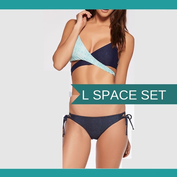NWT 2PC L Space [ Large ] Chloe Wrap Bikini Top + Gazebo Bottom in‎ Denim - Picture 1 of 16